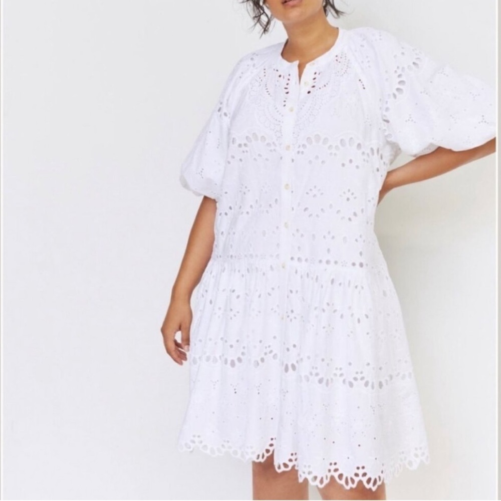 Anthropologie Tallulah Puff Sleeve Eyelet Mini Dress in White New Size Large - Picture 4 of 13